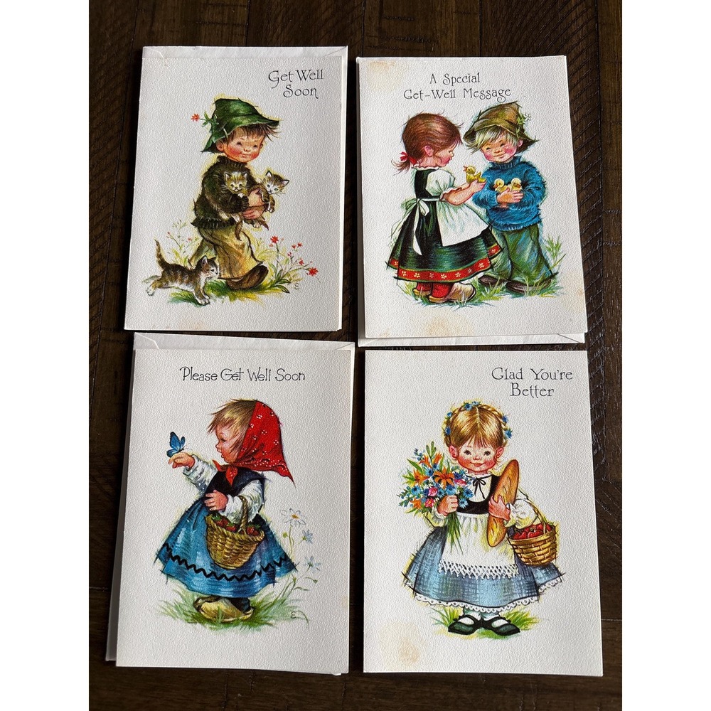 4 VTG Coronation USA Get Well Soon 1950's Greeting Card Dutch Holland‎ Unsigned